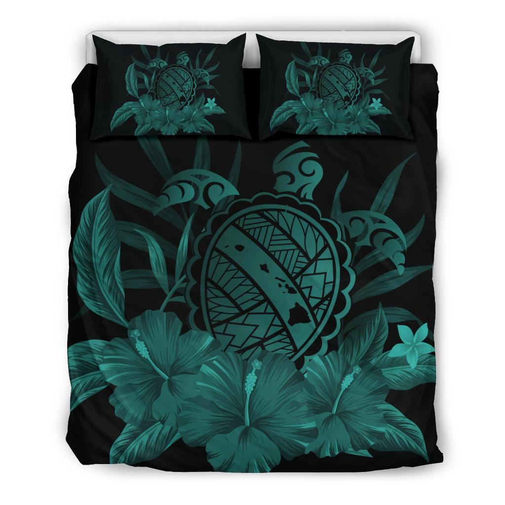 Hawaiian Map Turtle Hibiscus Polynesian Bedding Set - Turquoise Art - Polynesian Pride