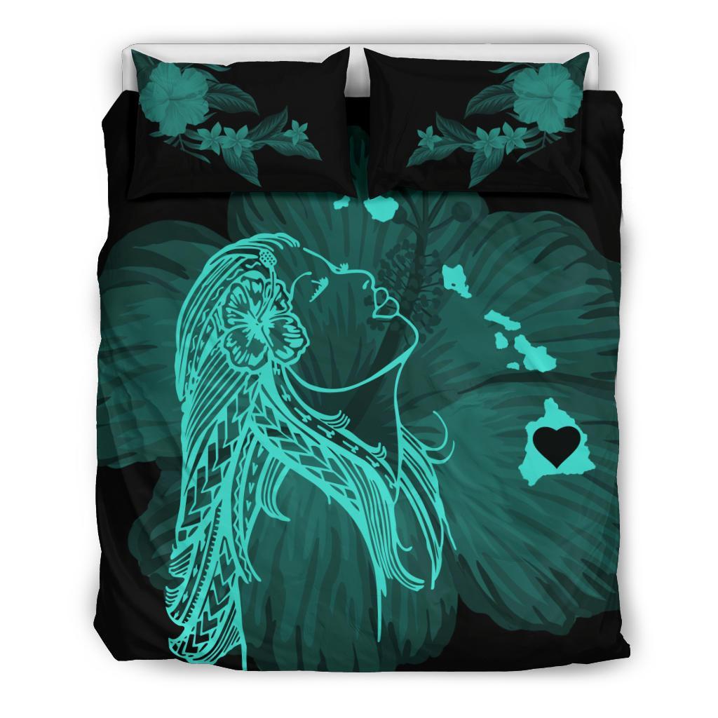 Hawaiian Map Heart Hula Girl Hibiscus Polynesian Bedding Set - Turquoise Art - Polynesian Pride