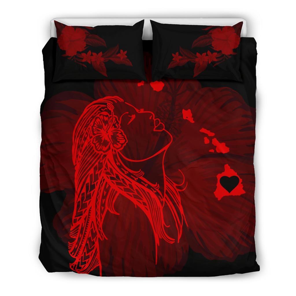 Hawaiian Map Heart Hula Girl Hibiscus Polynesian Bedding Set - Red Red - Polynesian Pride