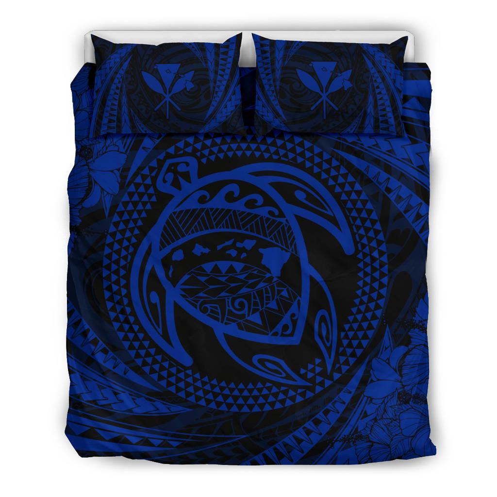 Hawaiian Kanaka Honu Hibiscus Tornado Blue Polynesian Bedding Set Blue - Polynesian Pride