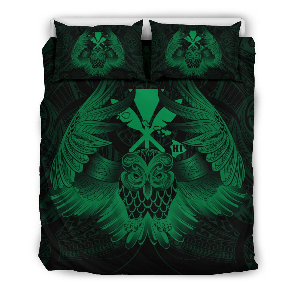 Hawaiian Map Owl Kanaka Bedding Set - Pueo Aumakua - Green Green - Polynesian Pride