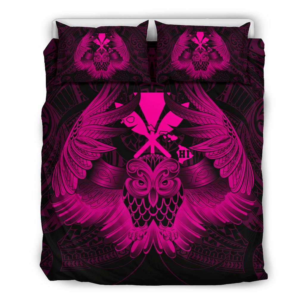 Hawaiian Map Owl Kanaka Bedding Set - Pueo Aumakua - Pink 3 Pieces Bedding Set Pink - Polynesian Pride