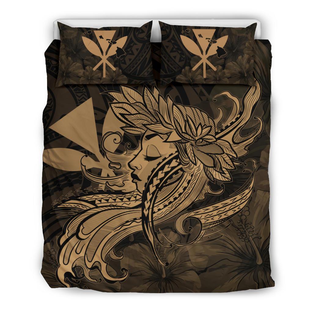 Hawaiian Map Hula Girl Hibiscus Kanaka Polynesian Bedding Set - Gold Gold - Polynesian Pride