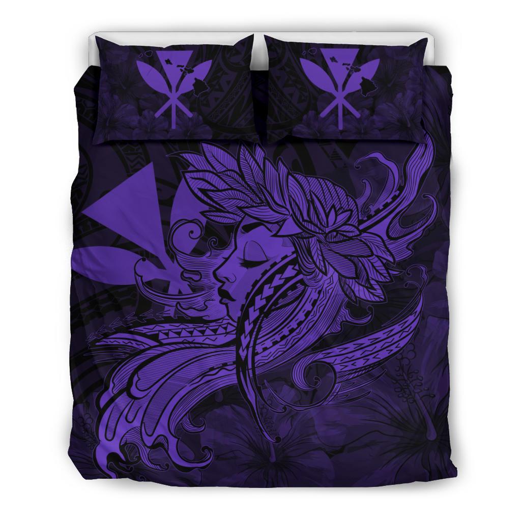 Hawaiian Map Hula Girl Hibiscus Kanaka Polynesian Bedding Set - Purple Purple - Polynesian Pride