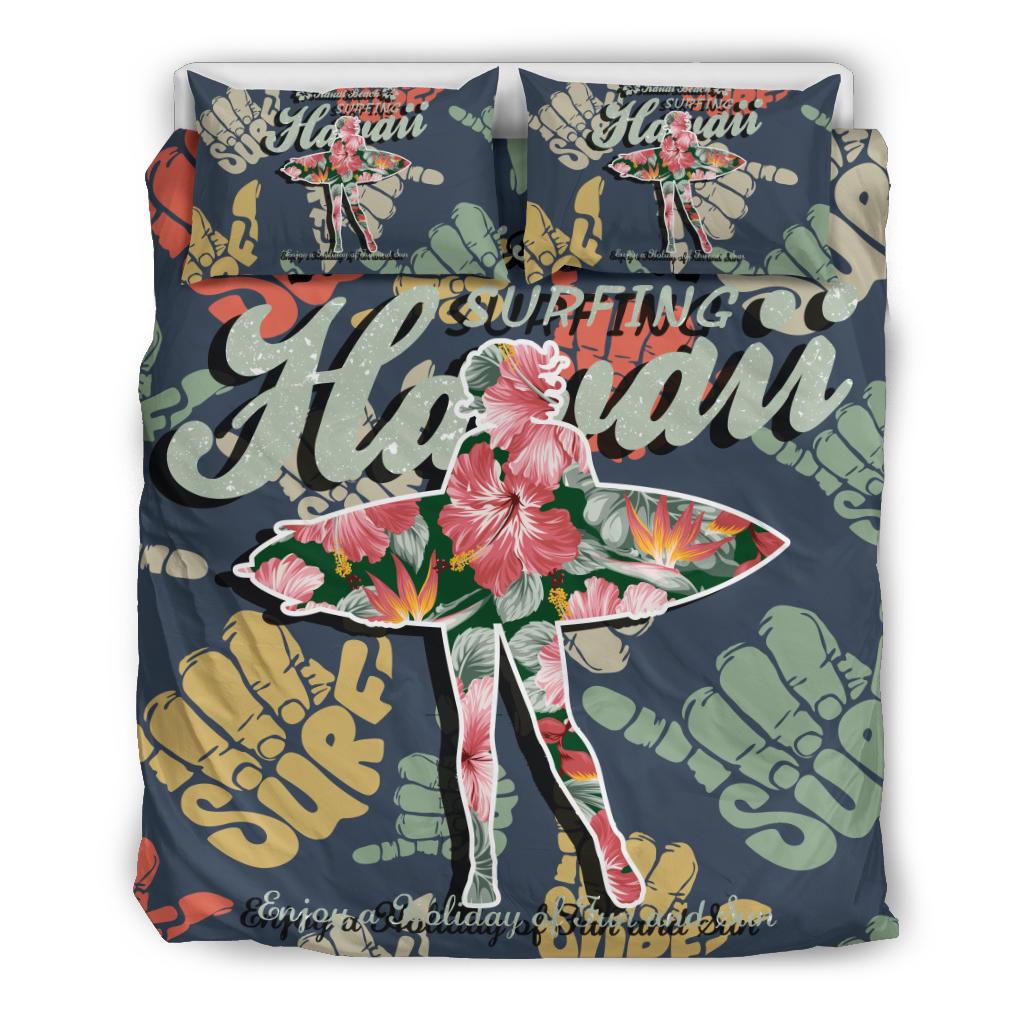 Hawaiian Hibiscus Shaka Banzai Pipeline Surfing Girl Bedding Set - Polynesian Pride