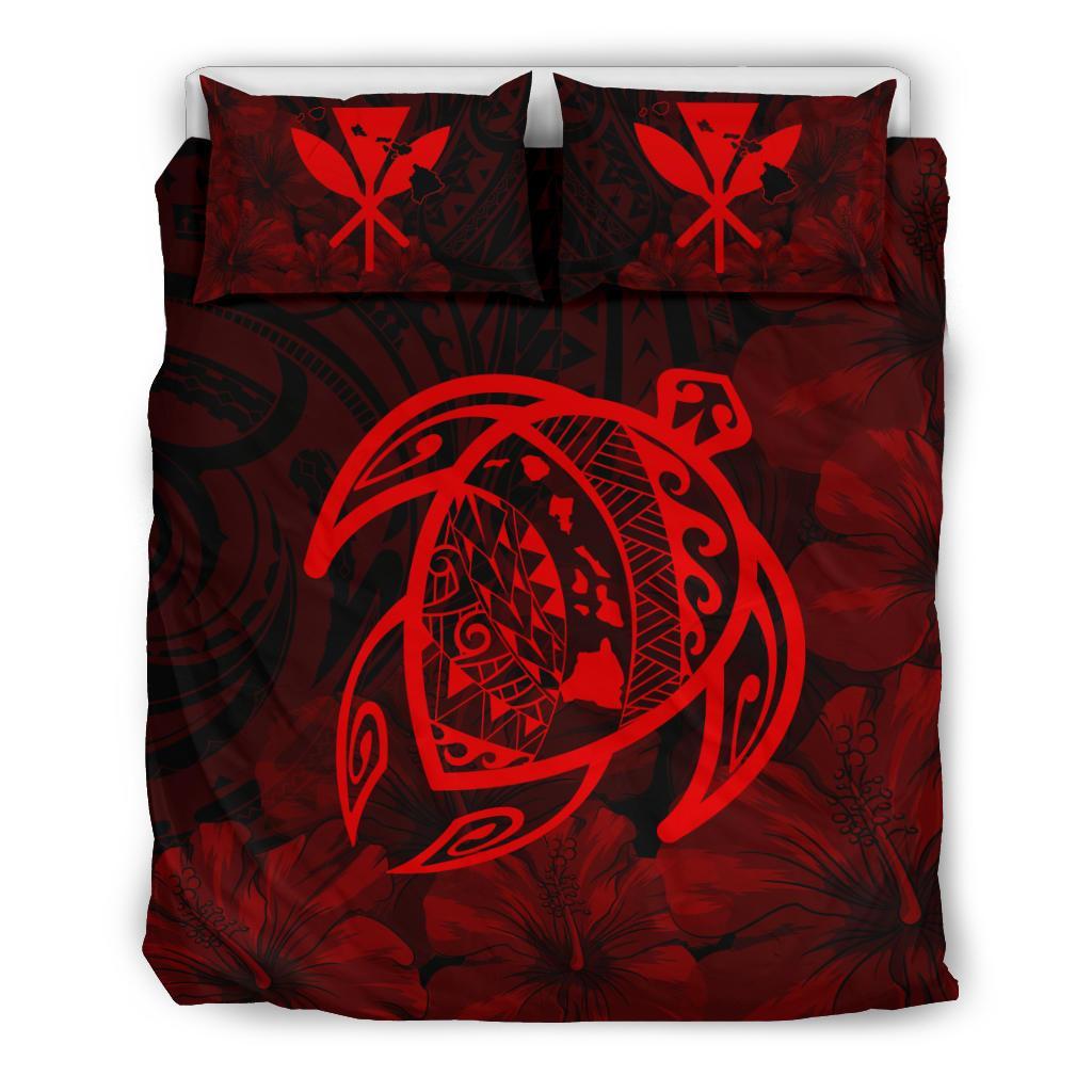 Hawaiian Map Turtle Kanaka Hibiscus Polynesian Bedding Set - Red Red - Polynesian Pride