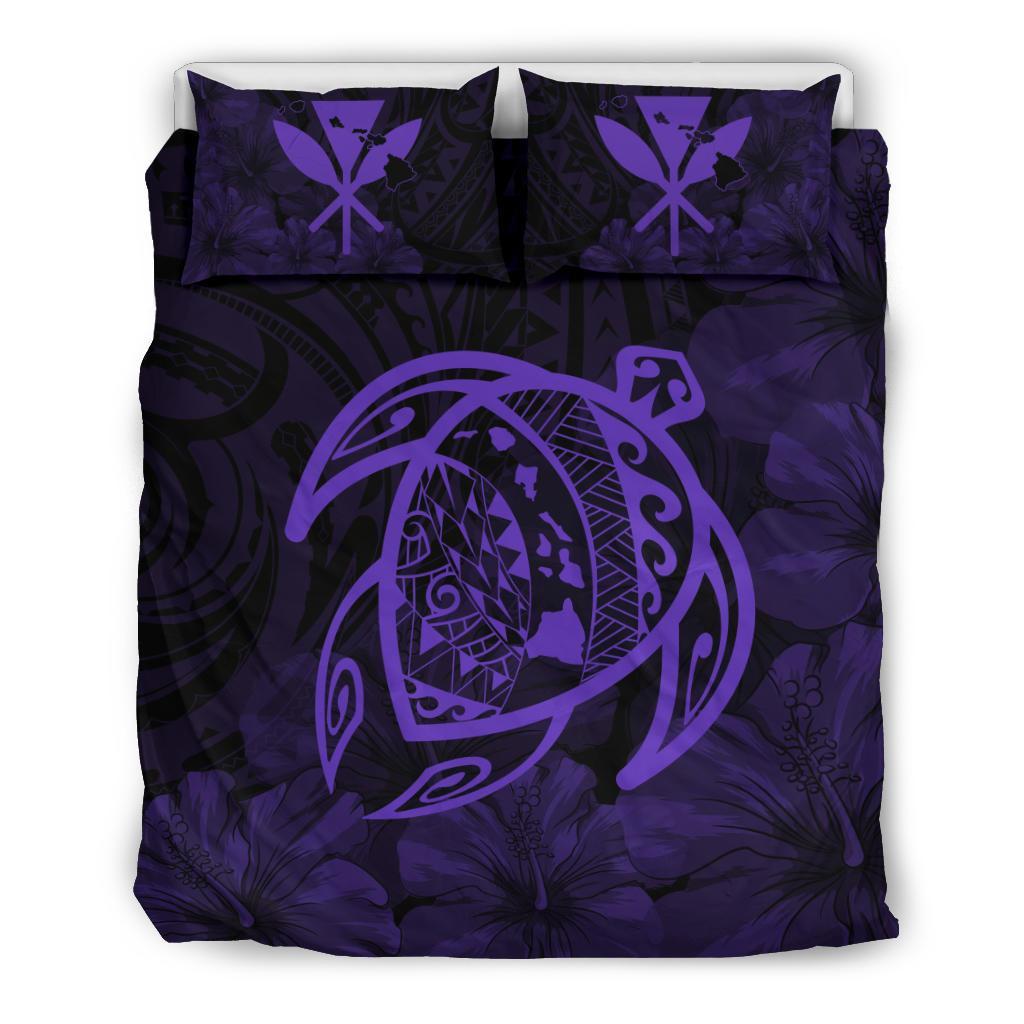 Hawaiian Map Turtle Kanaka Hibiscus Polynesian Bedding Set - Purple Purple - Polynesian Pride