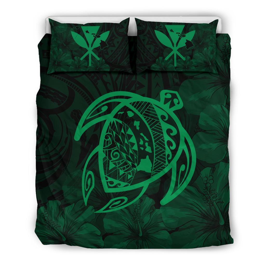 Hawaiian Map Turtle Kanaka Hibiscus Polynesian Bedding Set - Green Green - Polynesian Pride