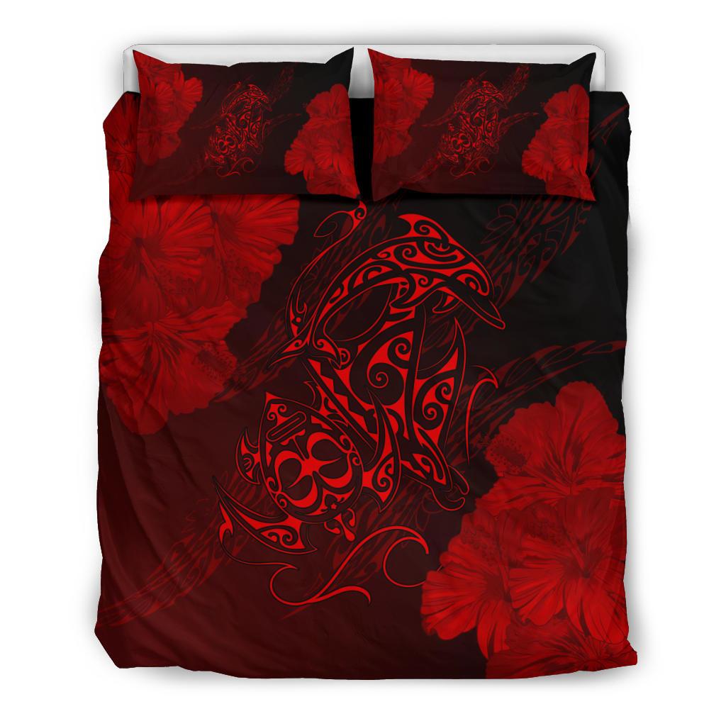 Hawaiian Hibiscus Dolphin Manta Ray Turtle Polynesian Bedding Set Waves Red Red - Polynesian Pride