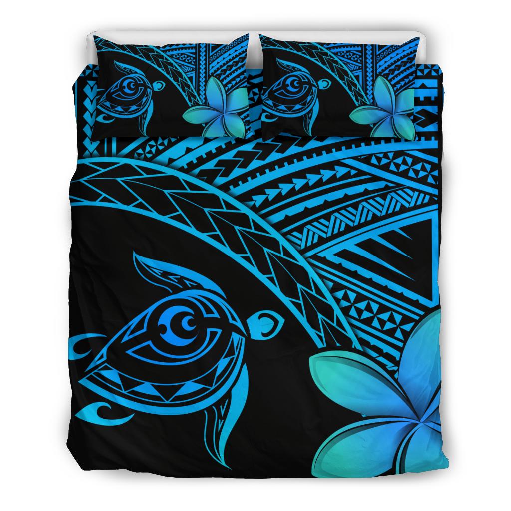 Hawaiian Turtle Kakau Plumeria Polynesian Bedding Set Blue Blue - Polynesian Pride