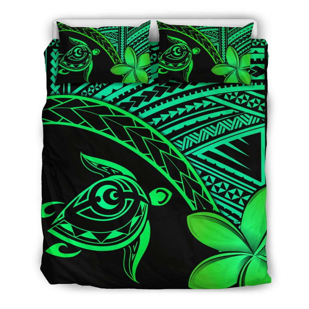 Hawaiian Turtle Kakau Plumeria Polynesian Bedding Set Green Green - Polynesian Pride