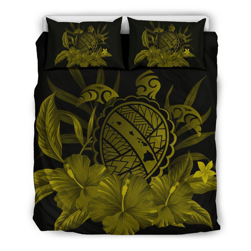 Hawaiian Map Turtle Hibiscus Polynesian Bedding Set - Yellow Yellow - Polynesian Pride