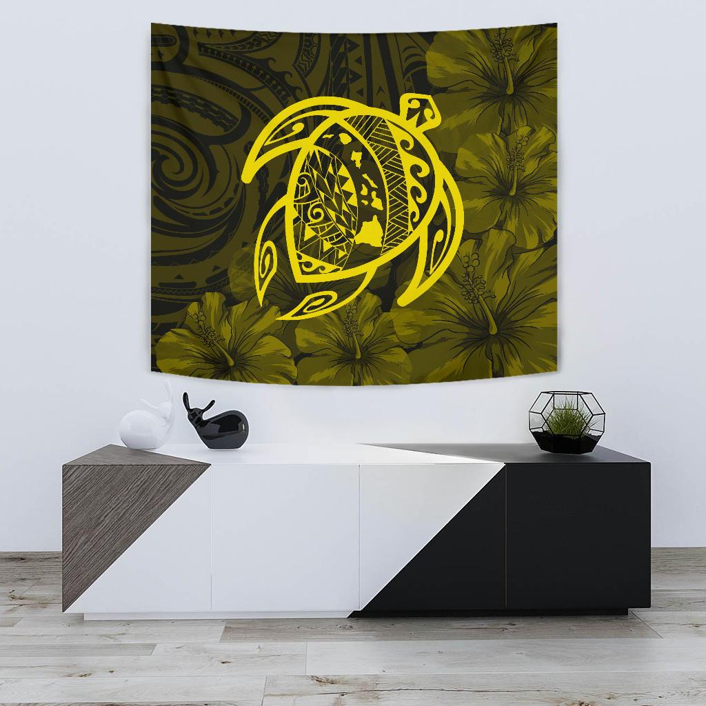 Hawaii Turtle Kanaka Map Hibiscus Poly Tapestry - Yellow Wall Tapestry Small 60" x 51" Yellow - Polynesian Pride