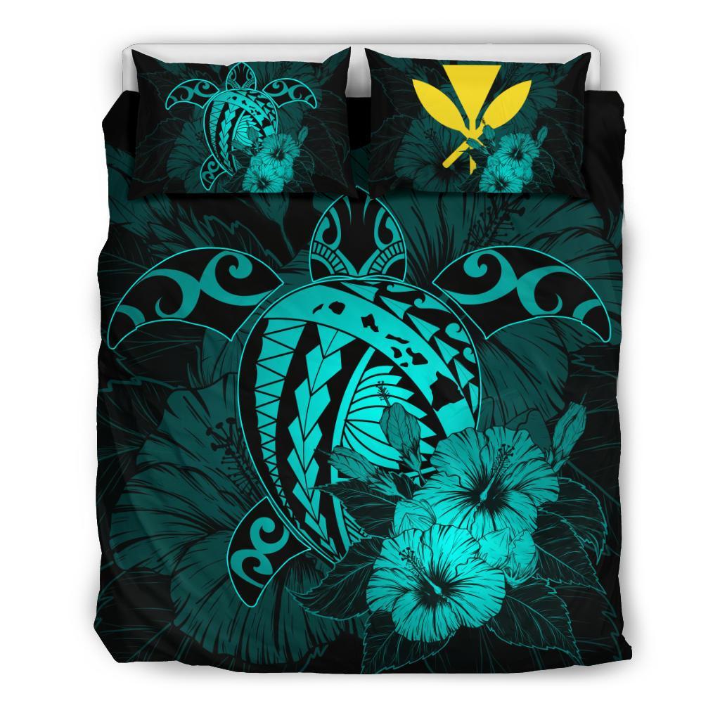 Hawaiian Map Hibiscus Kanaka Polynesian Bedding Set - Harold Turtle - Turquoise Blue - Polynesian Pride