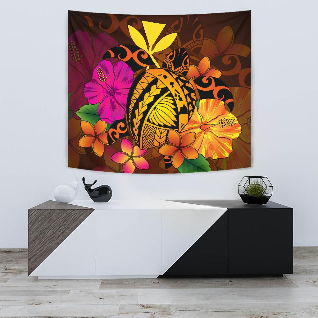 Hawaii Turtle Tribal Map Hibiscus Plumeria Tapestry Wall Tapestry Small 60" x 51" Orange - Polynesian Pride
