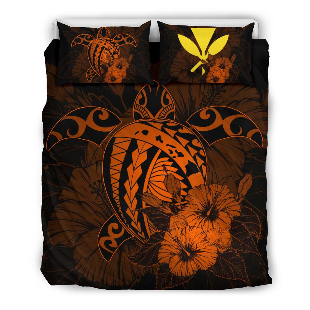 Hawaiian Map Hibiscus Kanaka Polynesian Bedding Set - Harold Turtle - Orange Orange - Polynesian Pride