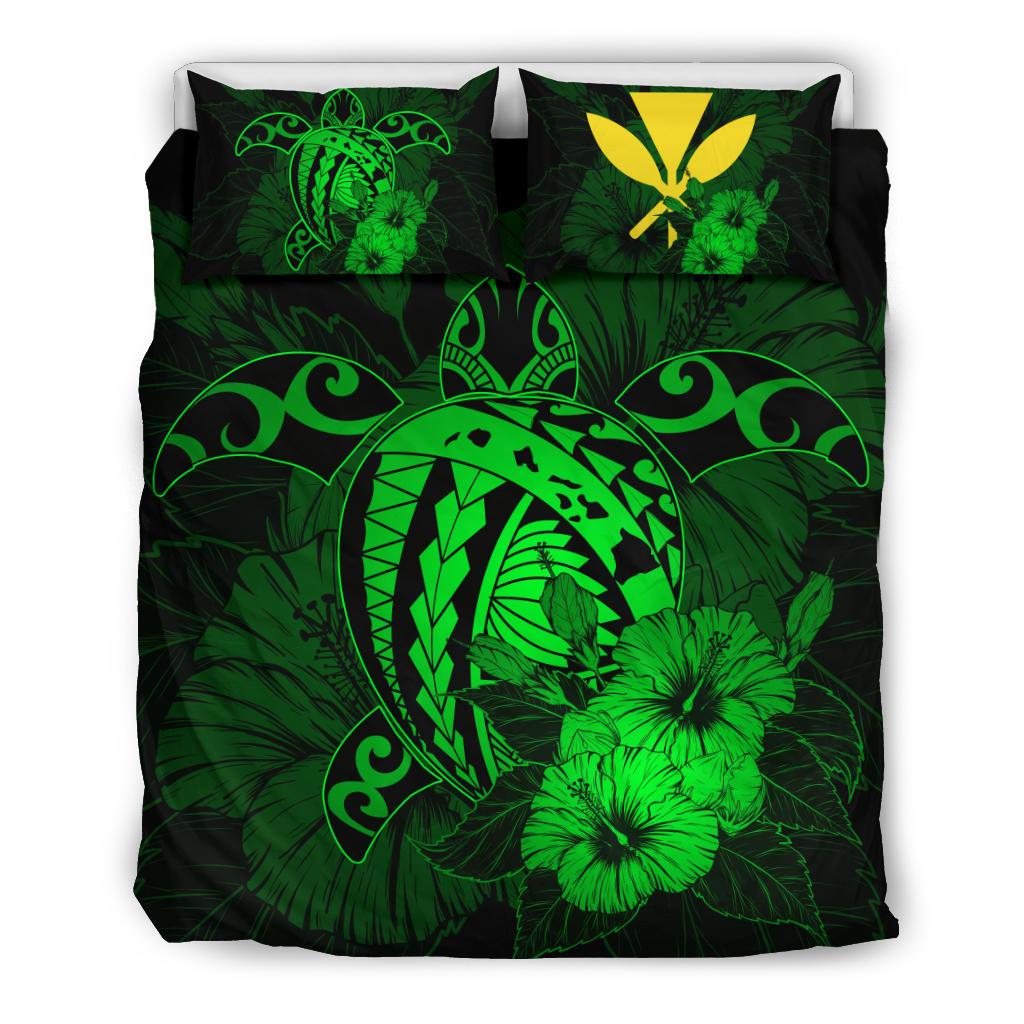 Hawaiian Map Hibiscus Kanaka Polynesian Bedding Set - Harold Turtle - Green Green - Polynesian Pride