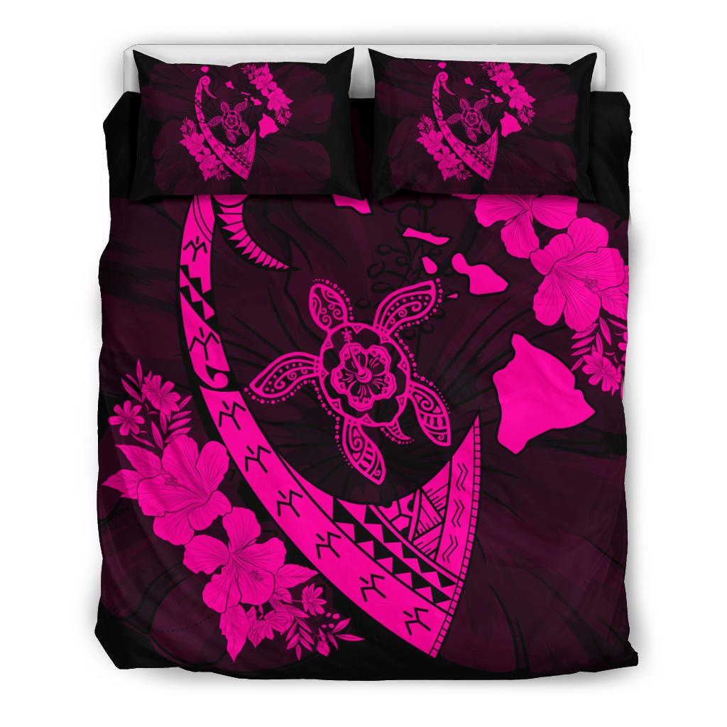 Hawaiian Map Hibiscus Turtle Fish Hook Polynesian Bedding Set Pink Pink - Polynesian Pride