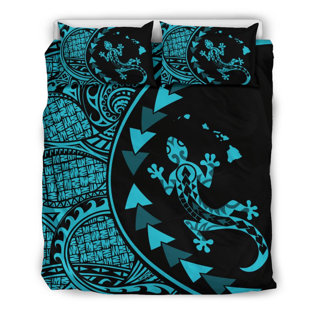 Hawaiian Map Gecko Tattoo Kakau Polynesian Bedding Set Blue Blue - Polynesian Pride