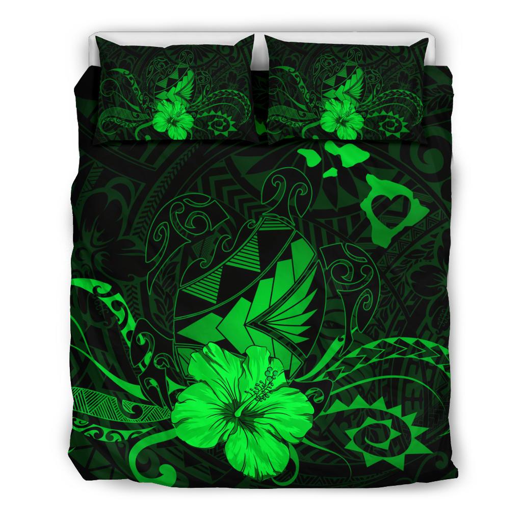 Hawaiian Map Heart Turtle Tattoo Hibiscus Polynesian Bedding Seto - Green Green - Polynesian Pride