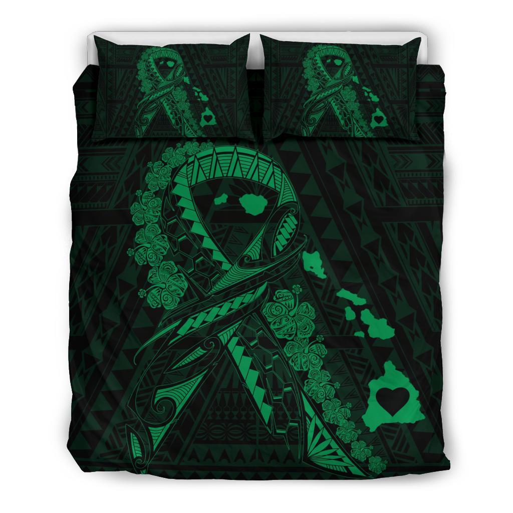 Hawaiian Map Heart Ribbon Cancer Hibiscus Polynesian Bedding Set - Green Green - Polynesian Pride