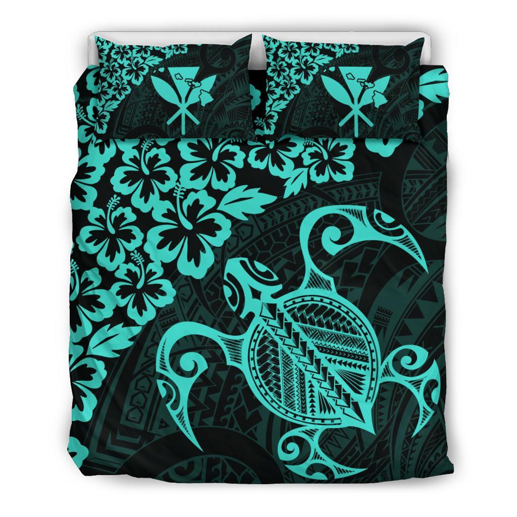 Hawaiian Map Turtle Hibiscus Kanaka Polynesian Bedding Set - Turquoise Turquoise - Polynesian Pride