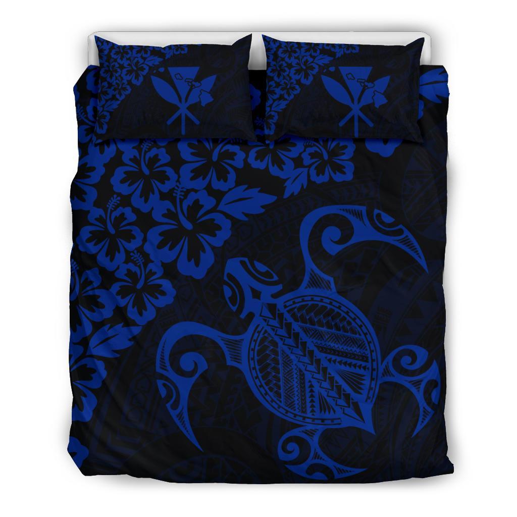 Hawaiian Map Turtle Hibiscus Kanaka Polynesian Bedding Set - Blue Blue - Polynesian Pride