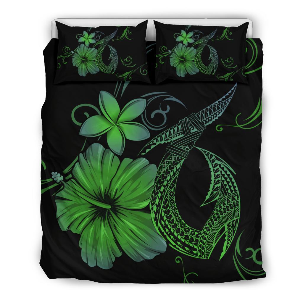 Hawaiian Fish Hook Hibiscus Plumeria Polynesian Bedding Set - Green Green - Polynesian Pride