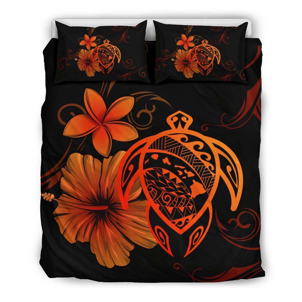 Hawaiian Map Turtle Hibiscus Plumeria Polynesian Bedding Set - Pink Orange - Polynesian Pride