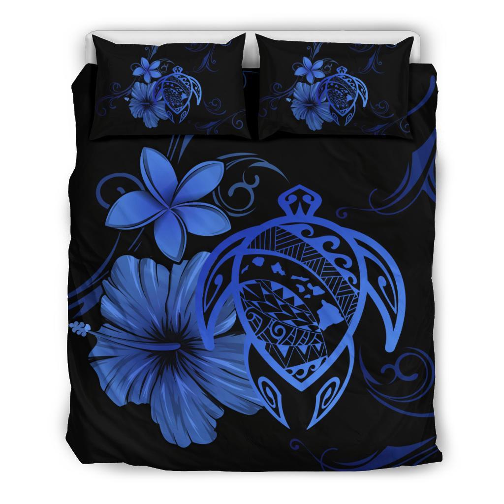 Hawaiian Map Turtle Hibiscus Plumeria Polynesian Bedding Set - Blue Blue - Polynesian Pride