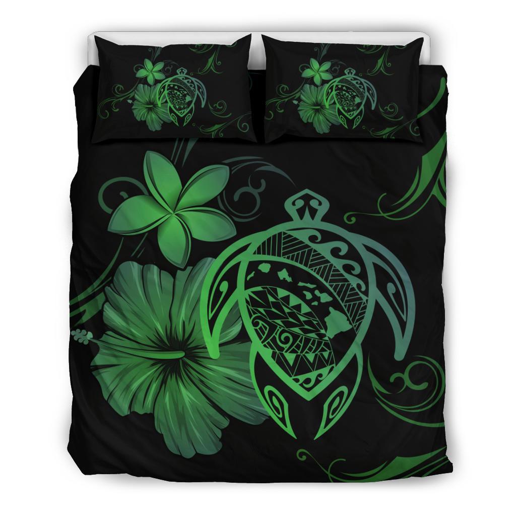 Hawaiian Map Turtle Hibiscus Plumeria Polynesian Bedding Set - Green Green - Polynesian Pride