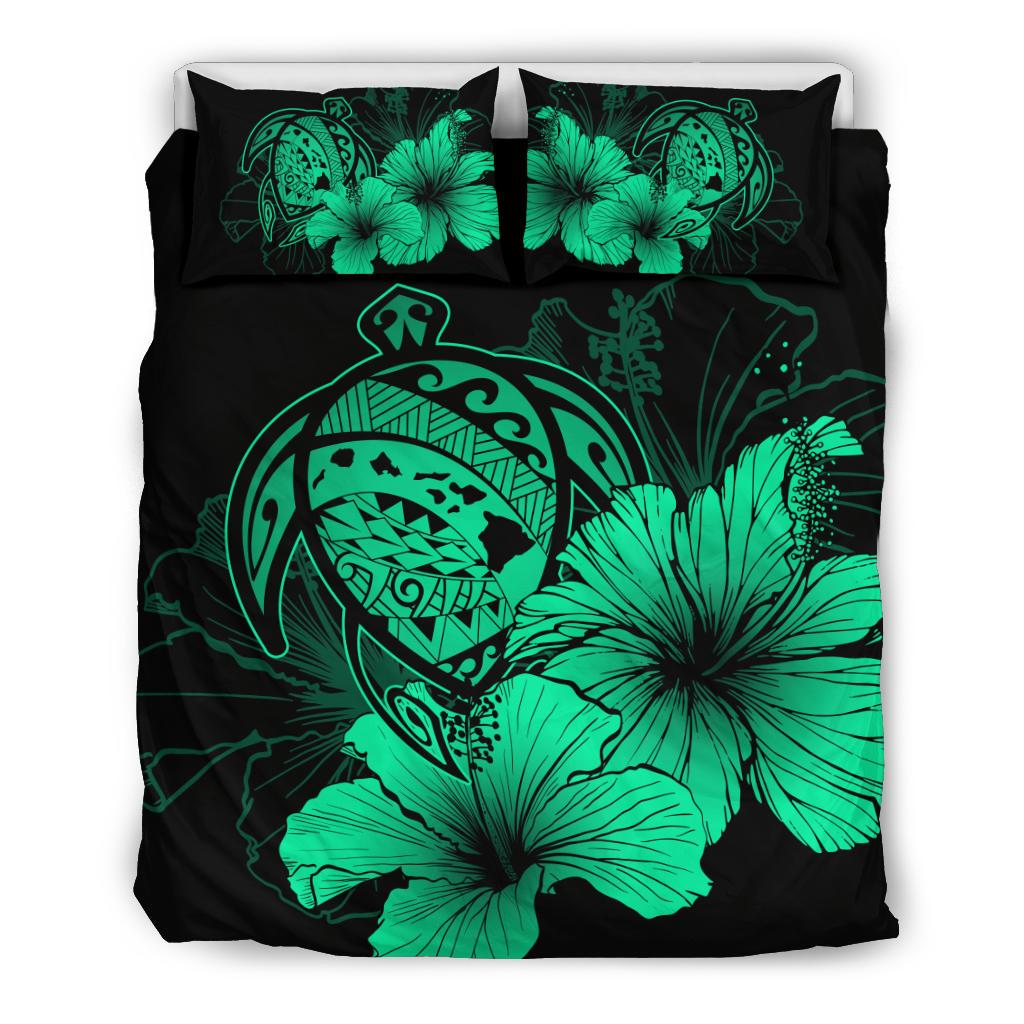 Hawaiian Map Hibiscus Turtle Polynesian Bedding Set - Pastel Green Green - Polynesian Pride