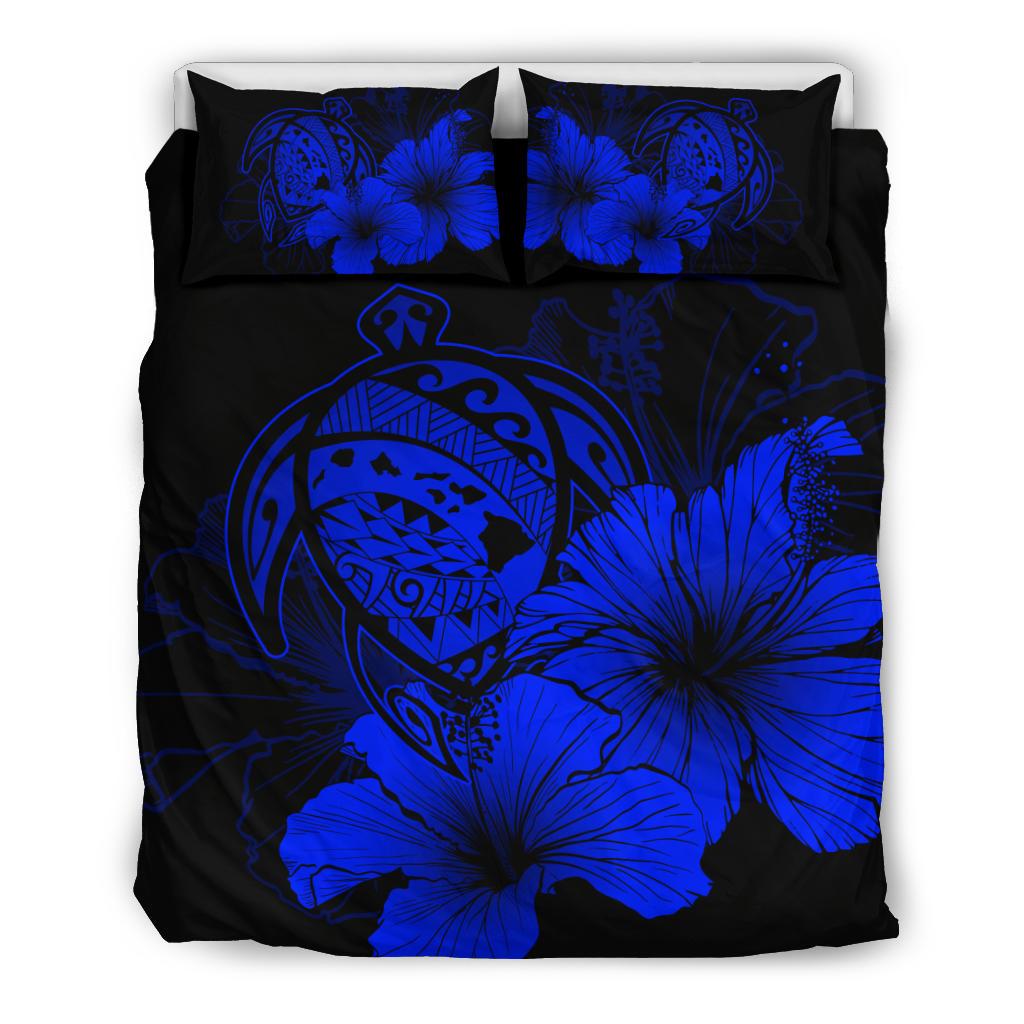 Hawaiian Map Hibiscus Turtle Polynesian Bedding Set - Blue Blue - Polynesian Pride