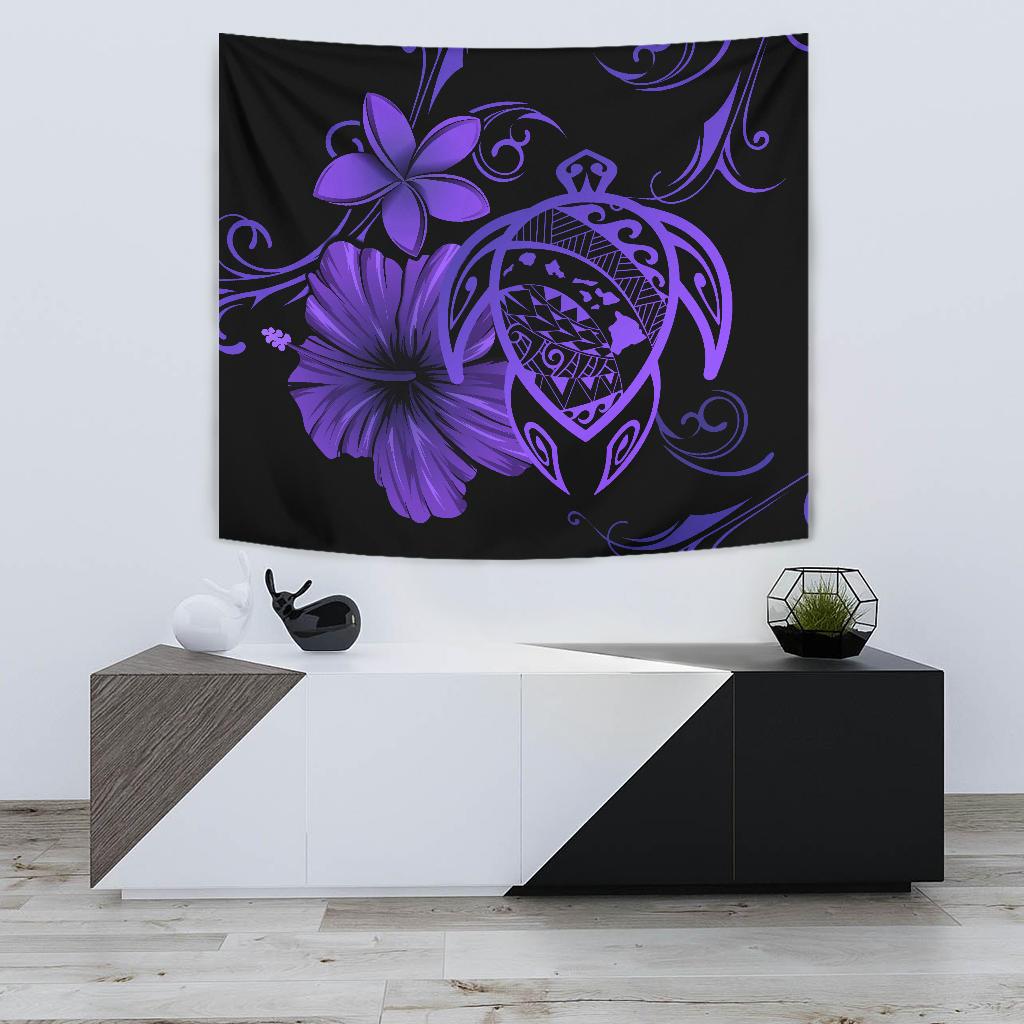 Hawaii Turtle Map Hibiscus Plumeria Poly Tapestry - Purple Wall Tapestry 75cm*90cm Purple - Polynesian Pride
