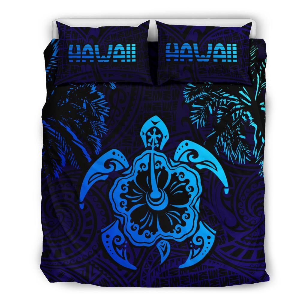 Hawaiian Turtle Hibiscus Coconut Tree Polynesian Bedding Set Blue - Polynesian Pride