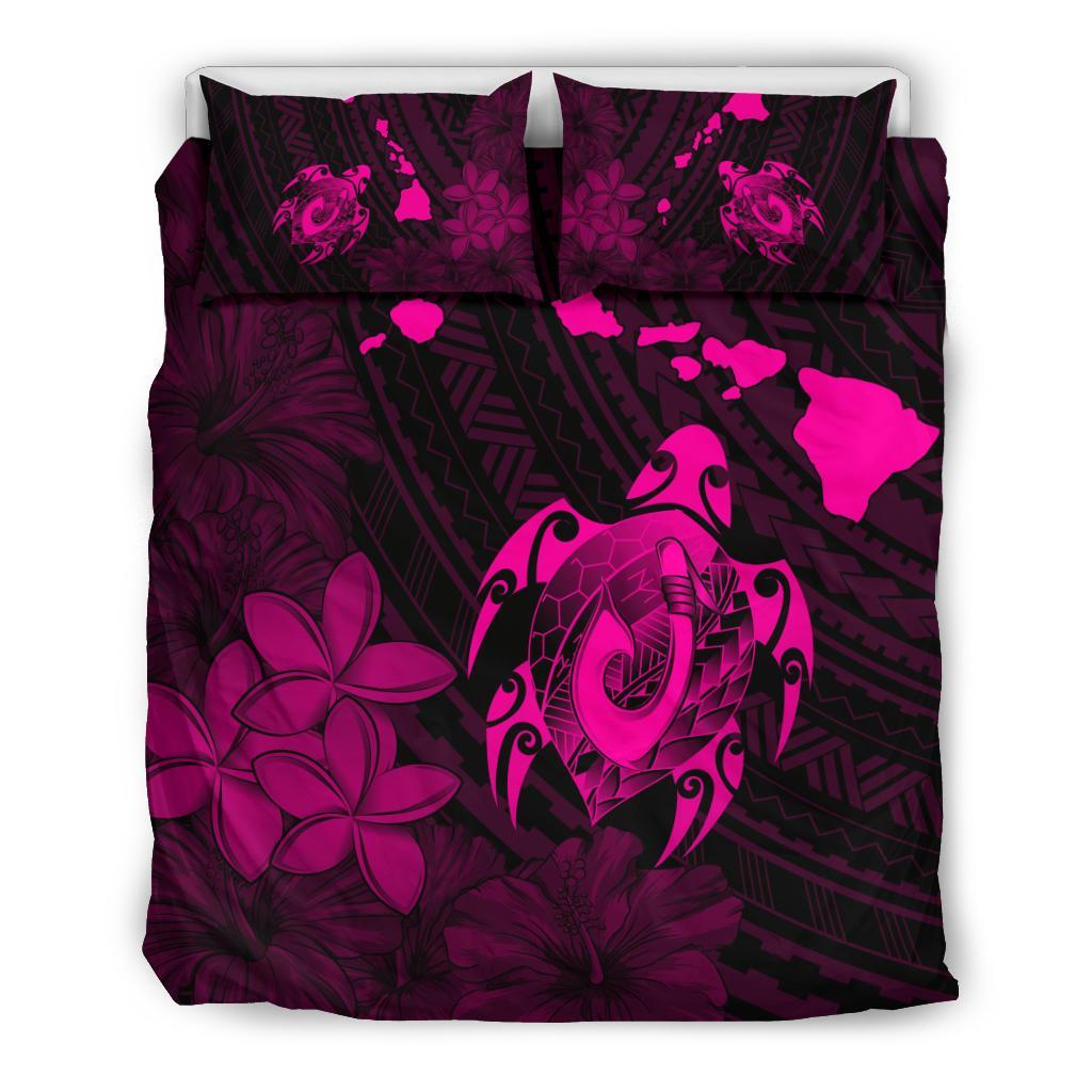 Hawaiian Map Turtle Plumeria Hibiscus Fish Hook Polynesian Bedding Set Pink Pink - Polynesian Pride