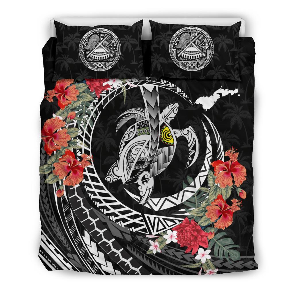 Polynesian Duvet Cover Set - American Samoa Bedding Set Polynesia Map Turtle Hibiscus Black - Polynesian Pride