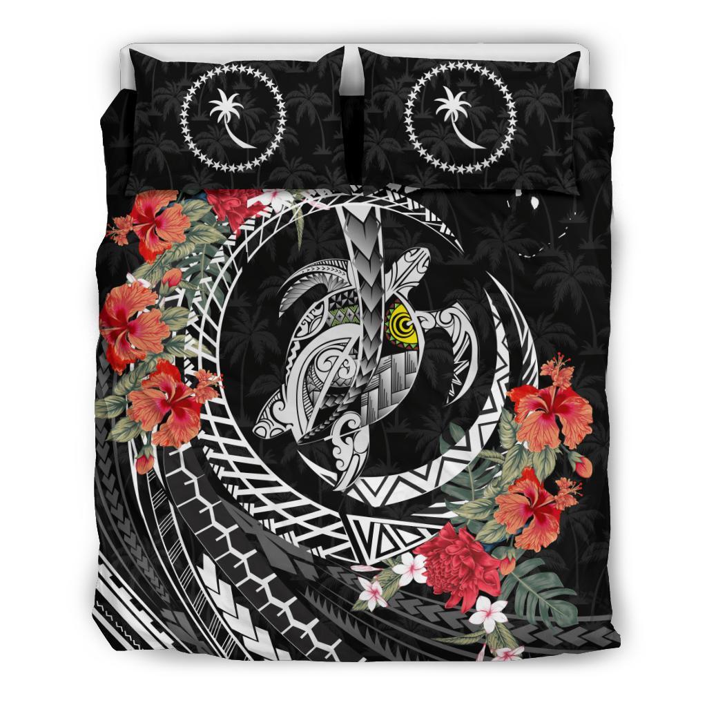 Polynesian Duvet Cover Set - Chuuk Bedding Set Polynesia Map Turtle Hibiscus Black - Polynesian Pride