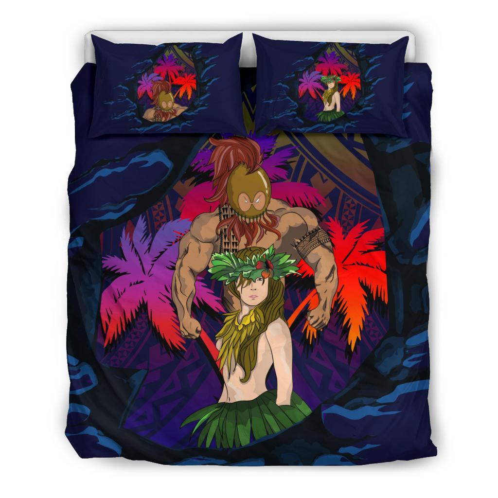 Hawaiian Hula Girl And Warrior Coconut Tree Polynesian Bedding Set Art - Polynesian Pride