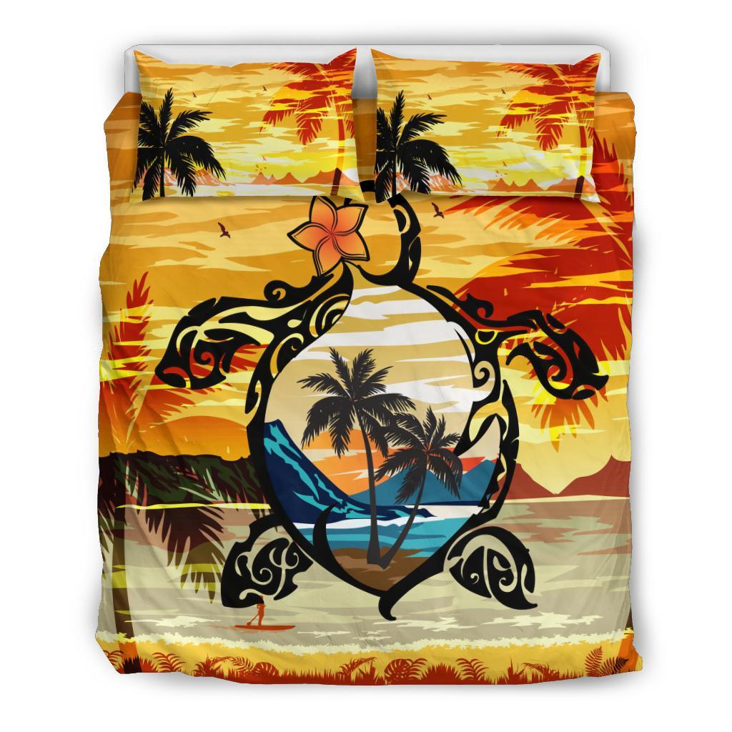 Hawaiian Turtle Plumeria Coconut Tree Polynesian Bedding Set Gold Yellow - Polynesian Pride