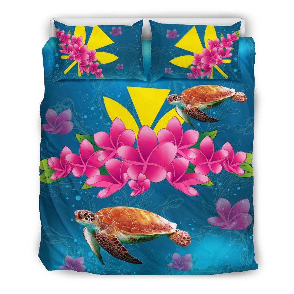 Hawaiian Plumeria Kanaka Turtle Sea Polynesian Bedding Set Blue - Polynesian Pride