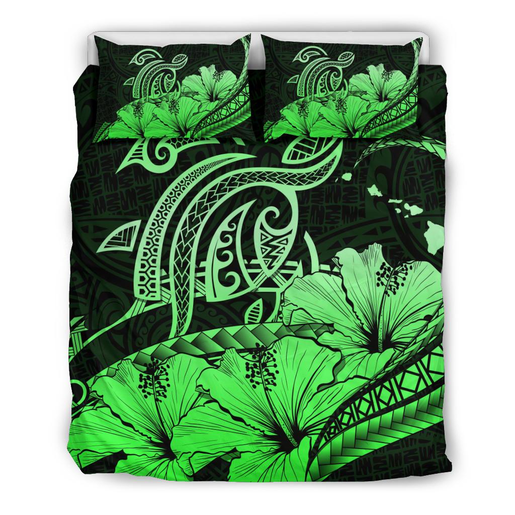 Hawaiian Map Hibiscus Turtle Polynesian Bedding Set Green Green - Polynesian Pride