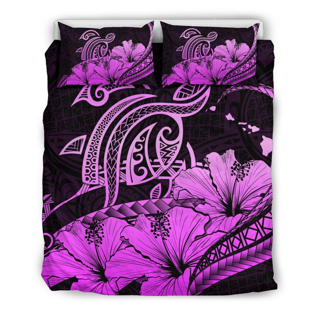 Hawaiian Map Hibiscus Turtle Polynesian Bedding Set Pink Pink - Polynesian Pride