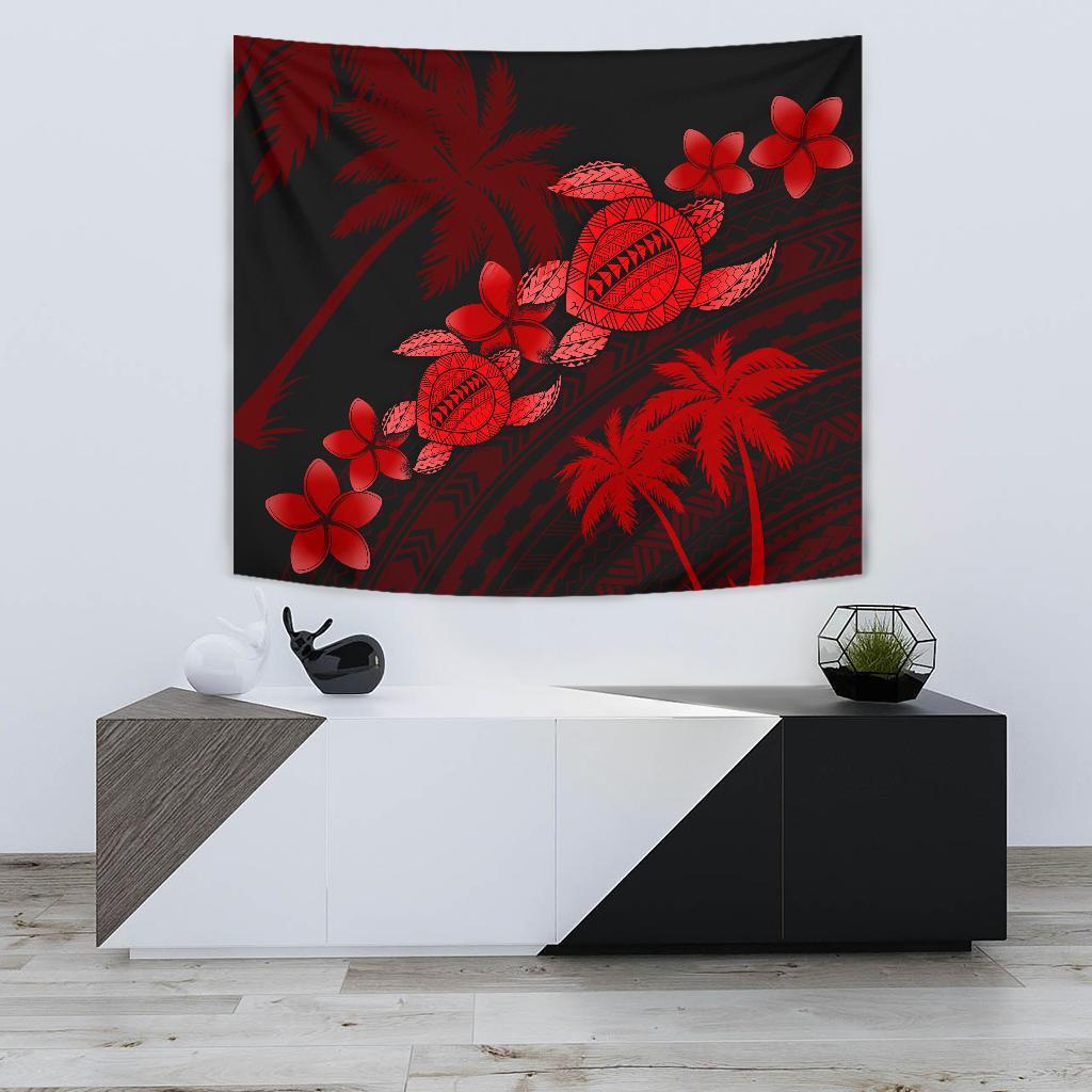 Hawaii Turtle Plumeria Coconut Tree Polynesian Tapestry - Red Wall Tapestry Small 60" x 51" Red - Polynesian Pride