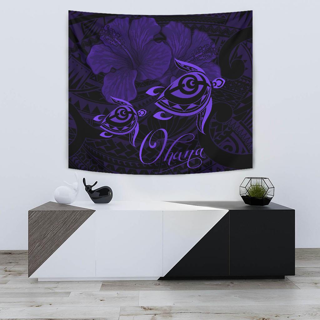 Hawaii Turtle Ohana Hibiscus Poly Tapestry - Purple Wall Tapestry Small 60" x 51" Purple - Polynesian Pride