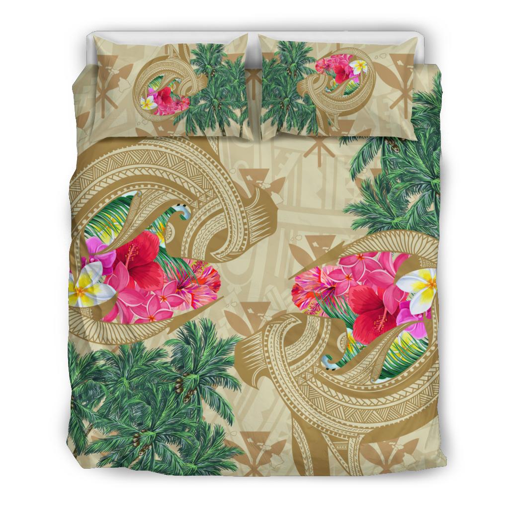 Hawaii Kanaka Maoli Plumeria Palm Trees Hammer Shark Bedding Set - Polynesian Pride