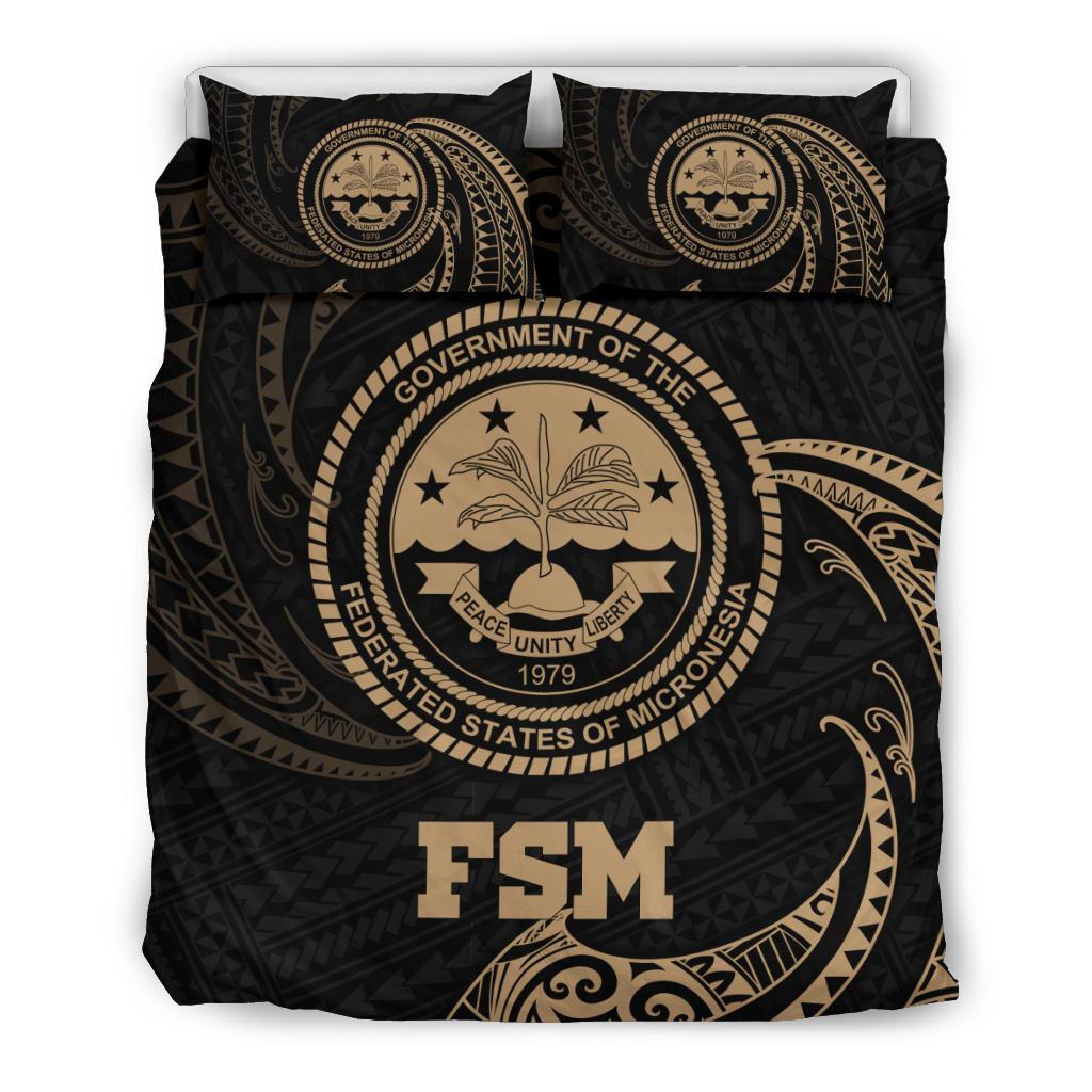 Polynesian Bedding Set - Federated States Of Micronesia Duvet Cover Set Gold Tribal Wave - Polynesian Pride