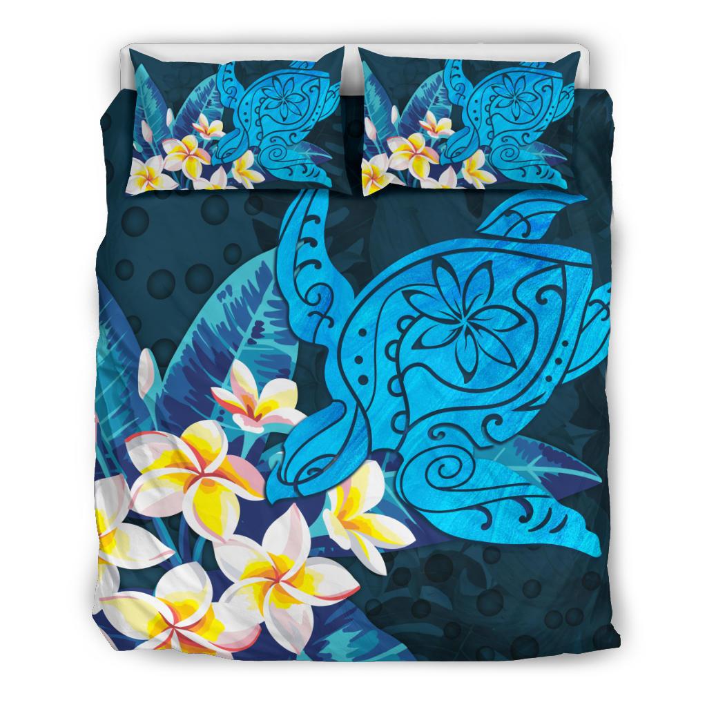 Turtle Plumeria Hawaiian Bedding Set Blue - Polynesian Pride