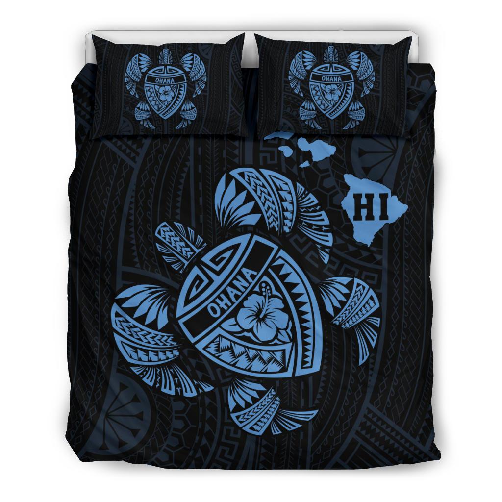 Hawaiian Map Turtle Ohana Hibicus Polynesian Bedding Set - Pastel Blue Art - Polynesian Pride