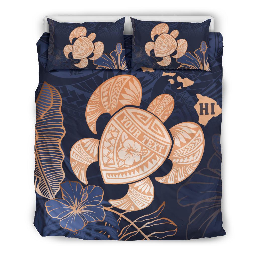 Personalized - Hawaii Polynesian Turtle Map Hibiscus Tropical Bedding Set - Indigo Blue - Polynesian Pride